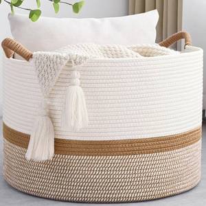 lot 1601 image: Degeyoyo 67L Large Blanket Basket, 20x13 Woven Storage Baskets With Handle, Cotton Rope Blanket Basket (White &amp Brown)