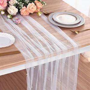 lot 1603 image: Mwellewm Pearl Table Runner 60x120 Inch Wedding Table Decor White Tulle Fabric Lace Dessert Dining Table Cloth Veil Arch Bridal Shower Decorations (2 Pcs)