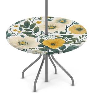 lot 1612 image: YGPARK Retro Flowers Outdoor Round Fitted Tablecloth with Umbrella Hole and Zipper, 36-44 Elastic Patio Table Cloth