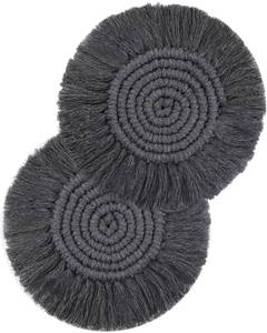 lot 1618 image: 2 PCS Boho Coasters for Drinks Absorbent, Macrame Cotton Coasters for Wooden Table Round Drink Coaster Set with Tassels Housewarming Gift Bar Coffee Table Office Desk Decor (Gray)
