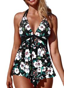 lot 1642 image: MODLILY Halter Sexy Tankini Swimsuits for Women, Tummy Coverage Bathing Suits, Handkerchief Hem Top with Mid Rise Briefs Green Floral