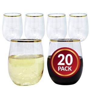 lot 1704 image: Reli. 12oz. Disposable Wine Glasses Gold-Rim (20 Pack) Stemless Crystal Clear  Reusable & Recyclable BPA-Free Food-Grade Plastic  Shatterproof Party Cups for Juices, Cocktails, Whiskey Any Occasion