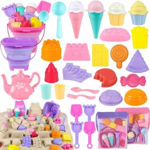 lot 1711 image: REZUCREY Collapsible Beach Toys for Toddlers, Sand Bucket and Shovels Set, Ice Cream Tea Set Travel Sand Toys for Beach & Mesh Bag, Castle Essentials Toy for Toddlers Kids Boys Girls Age 3-10