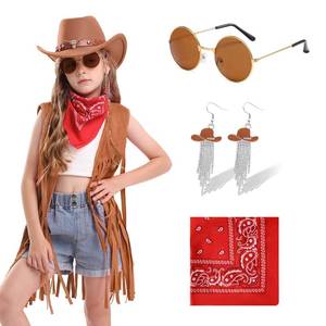 lot 1715 image: Dwieey Cowgirl Outfits Costume for Girls 6 Pcs Kids Western Outfit Cowboy Hat Tassel Fringe Vest Earring for Halloween 13-14 T