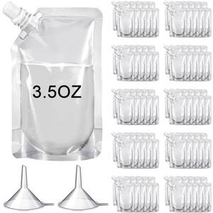 lot 1724 image: Meanplan 100 Pcs Plastic Pouches Bulk Reusable Squeeze Pouches Clear Plastic Juice Leak Proof Bags with Funnel for Party Favors Supplies(3.5 oz,Inclined Mouth)