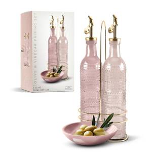 lot 1737 image: COOK WITH COLOR Glass Olive Oil Bottle Dispenser - 2 Pack- 17oz Oil and Vinegar Cruet - Olive Oil Carafe Decanter for Kitchen, Champagne Bubbles, Pink