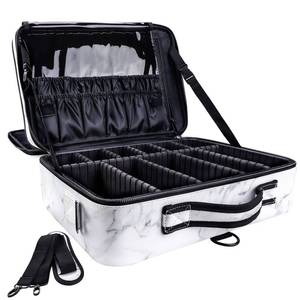 lot 1739 image: gzcz Large Capacity Travel Makeup Case Organizer,Professional Cosmetic Bags for Women,Waterproof PU Leather Makeup Bag with Adjustable Dividers and Shoulder Strap for Brushes and Jewelry