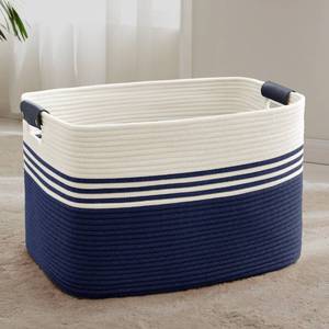 lot 1743 image: SunNewt 86L Extra Large Laundry Basket with Leather Handles, Woven Rope Baskets for Blanket, Kids Toy, Gifts, 24x16x14 White Navy