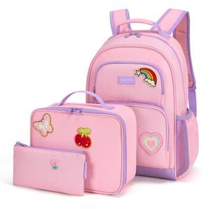 lot 1748 image: mommore Personalized Backpack for Girls, Custom Kids Backpack with Iron-On Embroidered Patches, Preschool Kindergarten Book Bag with Lunch Box (3 PCS, Pink Purple-Custom)