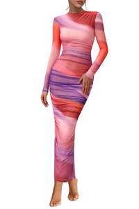 lot 1791 image: PRETTYGARDEN Womens Long Sleeve Maxi Dress 2026 Spring Ruched Bodycon Floral Mesh Formal Wedding Guest Cocktail Party Dresses (Rainbow,M)