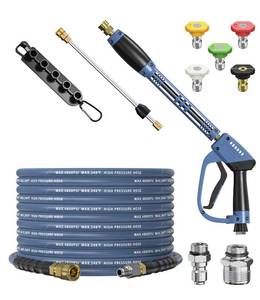 lot 1866 image: CADEGUO Pressure Washer Gun and Hose Kit, 4800PSI Flexible & Kink-Resistant - Steel Braided & Durable High Power Washer Hose 25 FT with 38 Swivel Quick Connector and M22 14mm Adapters & 5 Nozzles