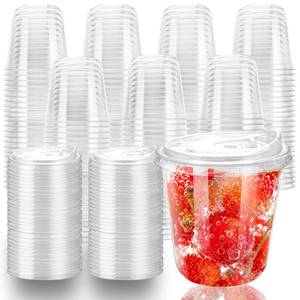 lot 1884 image: 12oz Disposable Stemless Glasses With Strawless Sip Lids,PET Disposable Drinking Cups,Clear Plastic Wine Glasses (100, Transparent) 2pack