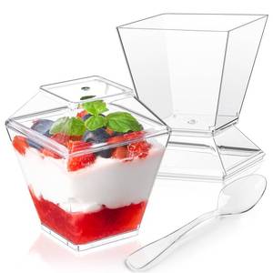 lot 1890 image: Soelomu 50 Pack 3.5 oz Mini Dessert Cups with Lids and Spoons, Square Appetizer Cup Clear Plastic Shooter Cups for Serving Parfait, Pudding, Fruit, Jello