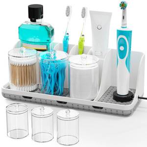 lot 1904 image: PARKMANI Bathroom Counter Organizers and Storage, Toothbrush Holders for Bathrooms with 3 PCS Qtip Holder, Kids Electric Toothbrush and Toothpaste Holder for Bathroom Vanity Sink Organizer (White)