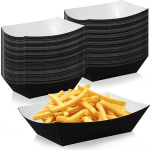 lot 1907 image: 100 Pcs Black Paper Food Tray Sturdy Disposable Food Boats Nacho Plates Disposable Serving Snack Trays for Catering, Party Birthday Supplies, and Food Service (Black)