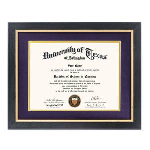 lot 1945 image: GMFrames 8.5x11 Wood Diploma Frame with Purple Mat or Display 11x14 Certificates without Mat,Tempered Glass,Rustic Black Finish with Gold Trim