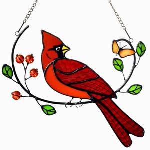lot 1952 image: BreeziiDesign Glass Cardinal Bird Stained Glass Window Hanging Suncatcher Indoor Panel, Nautical Suncatcher Decor