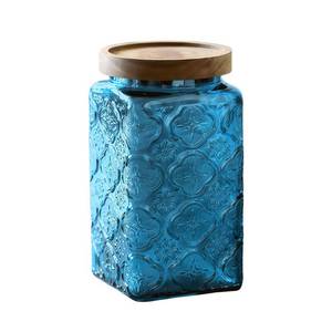lot 1963 image: ANSQU Vintage Glass Jar with Solid Wood Lid - Decorative Food Storage Canister for Kitchen, Coffee, Candy, Laundry Detergent, Begonia Flower Design - Cute & Functional Jar (Square Blue, 34 Ounces)