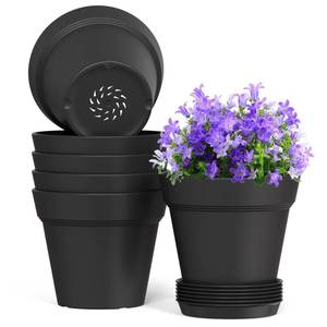 lot 1965 image: WSMKSZ 5 Inch Plastic Plant Pots with Drainage Holes and Trays 6 Pack Small Nursery Pots for Indoor &amp Outdoor House Plants and Flowers, Seedling Starter Planters, Matte Black