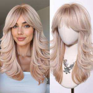 lot 1968 image: testar Shoulder Length Blonde Curly Wigs for White Women Platinum Wig With Curtain Bangs Synthetic Heat Resistant Wavy Daily Party Use 18IN