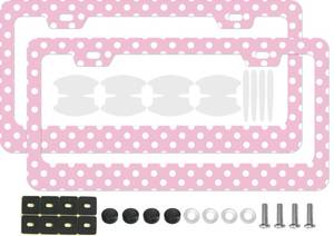 lot 1981 image: Pink Polka Dot License Plate Frame, 2 Pcs Classic White Dots Pattern Decorative Car Tag Holder, Cute Retro Style Metal Plate Covers for Women Girls with Car Door Handle Bow Films