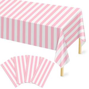 lot 1994 image: Mulbozy Plastic Table Cloth Disposable 4 Pack, 54 x 108 Inch Pink and White Stripe Tablecloths, Pink Plastic Table Covers