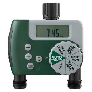 lot 3031 image: Orbit Programmable Digital Hose Watering Timer - 2 Outlet - Battery Powered - with LCD Screen - Built-in Rain Delay - Water-Resistant - 58910