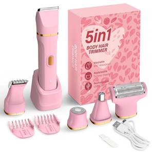 lot 3033 image: KINGTEE 5-in-1 Electric Bikini Trimmer for Women IPX7 Waterproof Shaver, Cordless Body &amp Facial Razors for Women, Ceramic Blades, USB-C Rechargeable, Painless Hair Removal Kit (Pink)