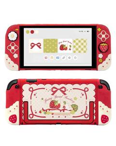lot 3034 image: GeekShare Strawberries with Cream Case Compatible with Switch 2, Slim Separable Soft Silicone Protective Shell with 2 Thumb Grip Caps -- Red