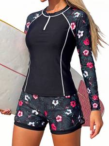 lot 3044 image: Black Flower Long Sleeve Rash Guard for Women - 2 Piece Swimsuit with Shorts Zip Up Swim Shirt with Built-in Bra L