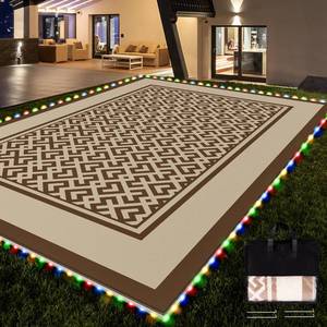 lot 3047 image: Pafolo Outdoor Rug Waterproof, 5x8 Reversible Patio Rug with Lights, Non Shedding, Easy Cleaning, Foldable Outside Mat for RV, Camping Grey&ampWhite