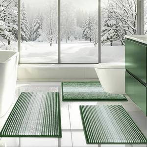 lot 3049 image: BSICPRO Bathroom Rugs Sets 3 Piece, Toilet Rugs U-Shaped Contour Bath Mat Set, Striped Absorbent Non Slip Chenille Shower Mat, Hunter Green