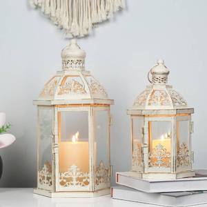 lot 3071 image: Lanterns Decorative Outdoor&Indoor, Set of 2 (15&11) Beige Metal Lantern Decor with Glass, Candle Holder for Porch, Patio, Garden, Fall, Wedding, Christmas, Table Centerpiece