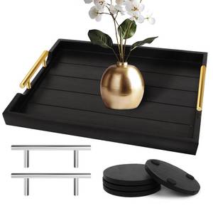 lot 3087 image: SXNOWS Coffee Table Trays - Large Ottoman Tray for Living Room -Wood Serving Tray with 2 Sets of Handles - Wooden Tray for Coffee Table, 4 Round Coasters Included, Black