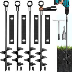 lot 3091 image: Fabulas Ground Anchors, Trampoline Stakes Anchors High Wind Heavy Duty 16 Inch 4 Pack, Screw in Spiral Trampoline Tie Down Anchor Kit with Straps for Shed Swing Set Hurricane Tent Dog Carport Playset