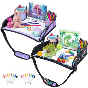 lot 3109 image: AZAMIA 2Pcs Kids Travel Tray for Toddler Carseat, Road Trip Activities Essentials for Toddler, Kids Lap Desk Tray with Tablet Holder Stand Dry Erase Board (Dinosaur &amp Mermaid)