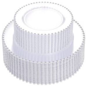 lot 1001 image: supernal 100PCS Clear Plastic Plates, Clear Plates with Silver Trim, Elegant Plastic Plate Include 50 Dinner Plate 10 and 50 Dessert Appetizer Platos 7 for Party, Wedding, Bridal Baptism - Retail $47