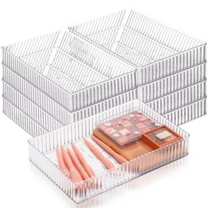 lot 1018 image: Teenyyou 8 Pcs Clear Drawer Organizers Bins Stackable Makeup and Vanity Organizer Trays Clear Plastic Drawer Organizers Set for Office Desk Dividers(9.9 x 6.3 x 1.8 Inches) - Retail $32