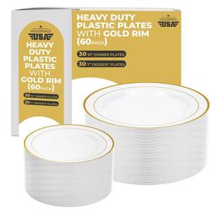 lot 1031 image: 60 White and Gold Plastic Plates for Party - Fancy Disposable Heavy Duty 30 Dinner 10 & 30 Salad Dessert 7 Hard Elegant Plates Set with Gold Trim - Nice Premium Sturdy Rim Plate for Wedding Holiday - Retail $23