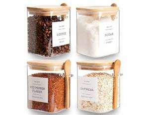 lot 1045 image: CZZGSM Set of 4 Square Glass Jar with Bamboo Lids and Spoons Airtight 27 oz Borosilicate Glass Food Storage Contaienrs with 132 Kitchen Pantry Labels for Coffee, Tea, Sugar - Retail $30