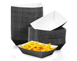 lot 1049 image: Yinkin 100 Pcs 2lb Paper Food Trays Boat 2lb Disposable Nacho Trays Kraft Paper Boat for Tacos Concession Easter Graduation Birthday Wedding Christmas Halloween Valentine Party Supplies(Black - Retail $20