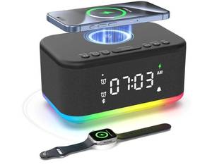 lot 1051 image: Wireless Charging Alarm Clock Bedroom, Digital Alarm Clocks Bedrooms Bluetooth, Loud Bluetooth Speaker Alarm Clock Night Light Dual Alarm Snooze 1224H Dimmer Bluetooth AUX USB Charging, Black - Retail $40