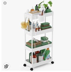 lot 1056 image: LEHOM Slim Rolling Storage Cart - 4 Tiers Bathroom Organizer Utility Cart Slide Out Storage Shelves Mobile Shelving Unit for Kitchen, Bedroom, Office, Laundry Room, Small Narrow Spaces (7.1 WWhite) - Retail $35