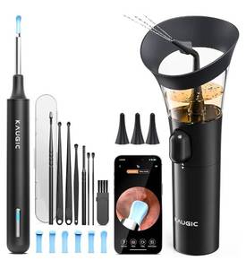 lot 1071 image: KAUGIC Ear Wax Removal - One-Hand Manual Ear Cleaner with Camera, 7 PCS Ear Spoons, Safe Ear Irrigation Kit for Adults, FSA-HSA-Eligible (Black) - Retail $46