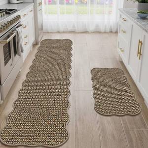 lot 1078 image: JSEI Scalloped Kitchen Rugs and Mats 2PCS, Kitchen Mats for Floor, Non-Slip Washable Kitchen Runner, Absorbent Rugs for Kitchen, Laundry & Sink, 17x3017x72, Taupe - Retail $49