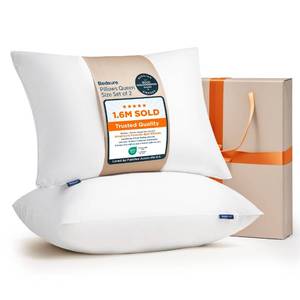 lot 1080 image: Bedsure Pillows Queen Size Set of 2 - Hotel Collection Bed Pillows for Sleeping, with Down Alternative Filling, Soft Support for Back, Stomach or Side Sleepers, QueenFull, 28x19, White, 2 Pack - Retail $56