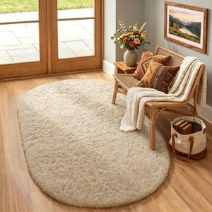 lot 1081 image: Ophanie 3x5 Oval Rug, Bedside Preppy Dorm Area Rug, College Essentials Non Slip Beige Small Carpets for Bedroom, Anti Slip Fluffy Living Room Rugs Home Decor Aesthetic, Nursery - Retail $2