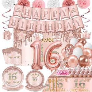lot 1082 image: Sweet 16 Party Decorations - Sweet 16 Plates and Napkins, Banner, Backdrop, Cake Topper, Tablecloth for 16th Birthday Decorations for Girls Sweet 16 Decorations - Retail $19