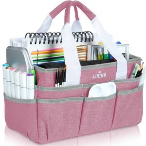 lot 1083 image: JJRING Craft Organizer Tote Bag, Art Storage Caddy with Multiple Pockets, Pink Sewing Bag for Art, Craft, Scrapbooking, School, Medical, and Office Supplies Storage - Retail $20