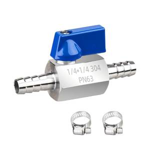 lot 1092 image: 14 Inch Barb Ball Valve, Mini 304 Stainless Steel Inline Shut Off Valve for FuelWaterAirGas Lines, Heavy Duty Hose Barb Fitting with 2 Hose Clamps, 1-Pack - Retail $15